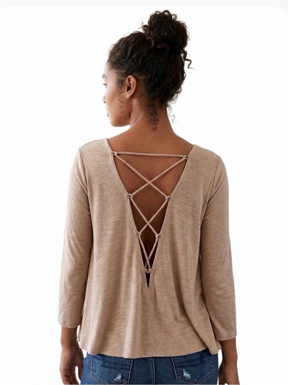 American Eagle Lace-Up Open Back Beige Long Sleeve Top